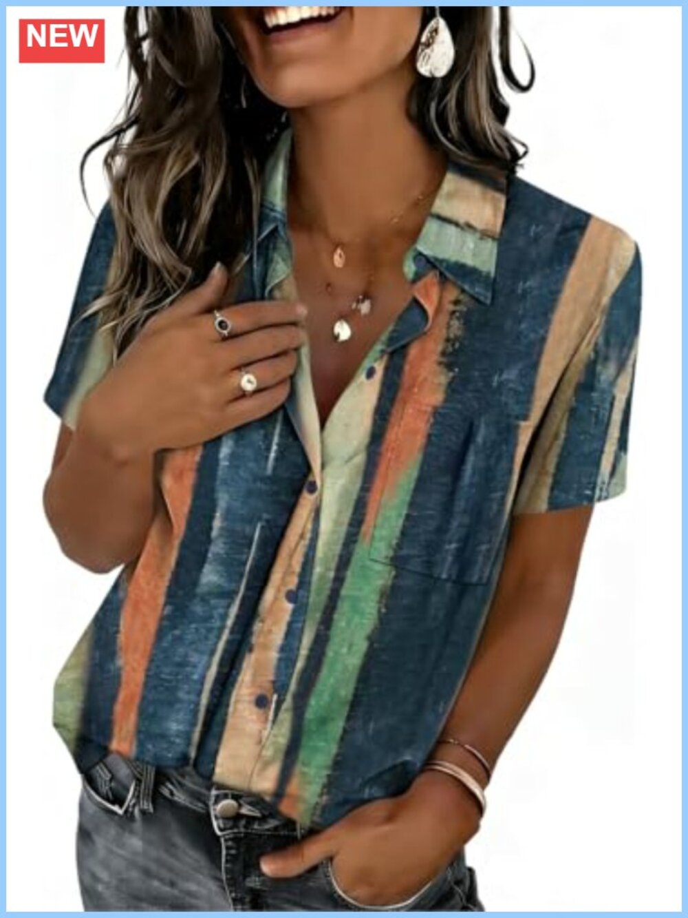 Women's Short Sleeve Button Down Shirt V Neck Blouse Polyester Spandex Top